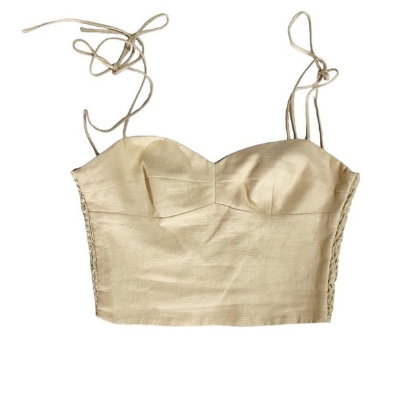 AMANDA UPRICHARD 100% Linen Biege Tan Tie Bow Shoulder Crop Bustier Blouse XS - Picture 1 of 6
